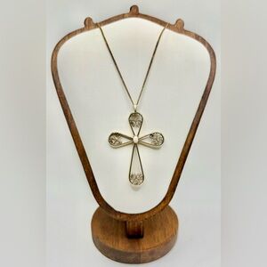 Vintage Gold Tone Filigree Cross Necklace White Cabochon Pendant